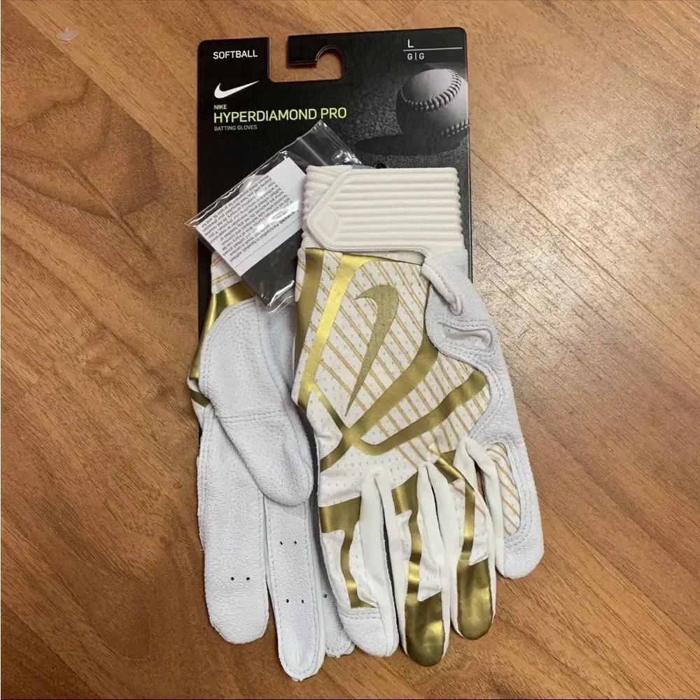 NWT Women's Nike Softball Hyperdiamond Pro Batting Gloves White Gold LARGE